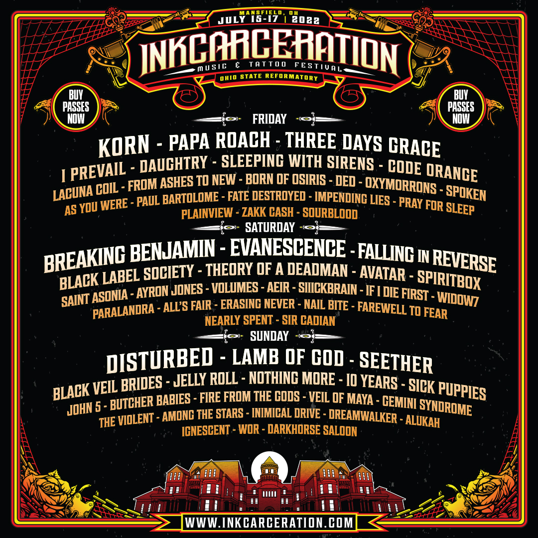 Inkcarceration Music & Tattoo Festival Schedule Announced & New App Available; KORN, Breaking Benjamin, Evanescence & Disturbed Headline July 15-17 At Historic Ohio State Reformatory In Mansfield, OH